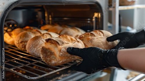 Freshly baked bread being taken out of the oven. Close-up shot. Home baking process. Perfect for illustrating culinary arts, baking tutorials, or food blogs. AI photo