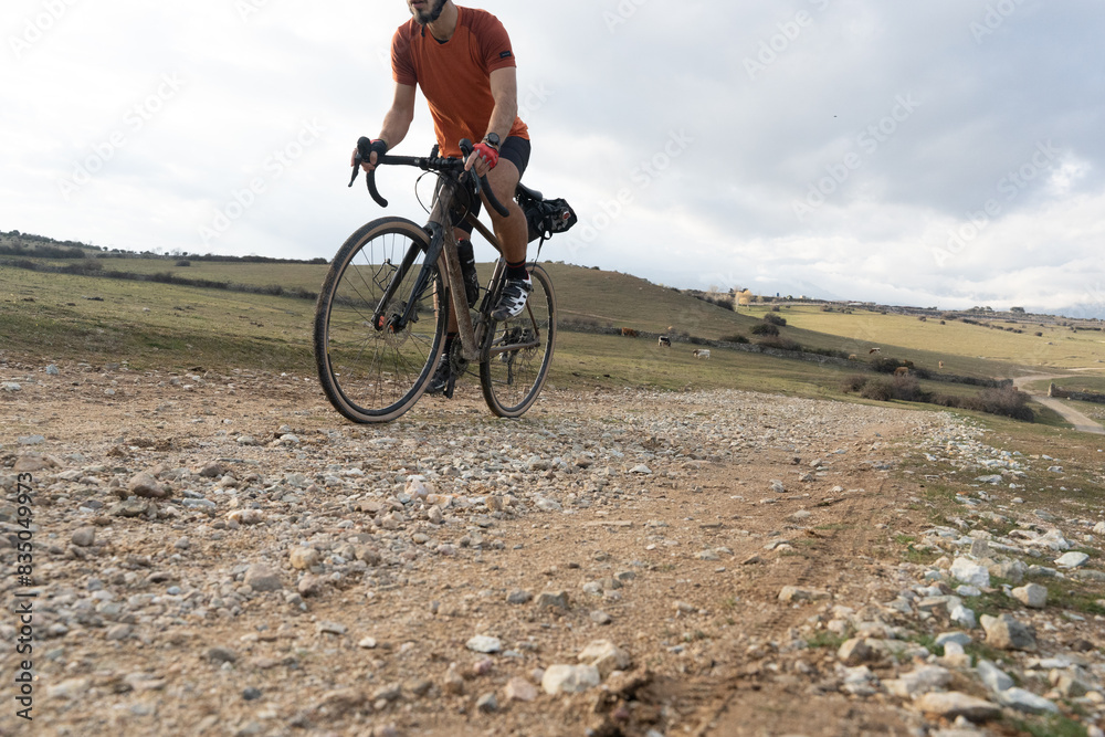 Fototapeta premium A cyclist on a gravel bike engages in bikepacking through a mountainous trail, standing on the pedals while riding. A scene of adventure and endurance in nature.