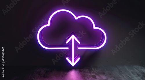 Bright neon cloud with arrows: modern data communication concept