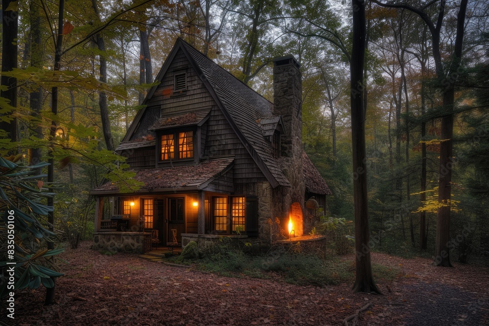 a cabin in the woods with a stream running by, A cozy cottage in the woods, with a fireplace crackling and a warm glow coming from the windows a cabin in the woods with a stream running by, A cozy cottage in the woods, with a fireplace crackling and a warm glow coming from the windows