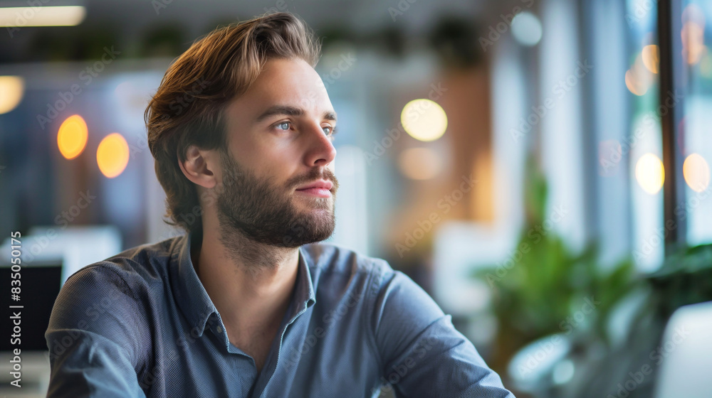 Young professional with beard looking thoughtfully while sitting at desk in modern office. Generative AI Young professional with beard looking thoughtfully while sitting at desk in modern office. Generative AI