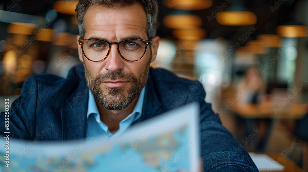 Middle-aged man with glasses and beard reading a map in a modern cafe. Generative AI Middle-aged man with glasses and beard reading a map in a modern cafe. Generative AI
