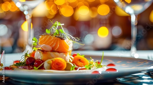 Beautifully Plated Gourmet Dish Highlighting Intricate Presentation and Vibrant Colors in a Fine Dining Restaurant photo