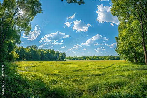 Digital image of beautiful summer landscape with a blue sky, green grass and trees on the meadow. panoramic view of the natural background on a sunny day. wide angle lens captures the natural light.
