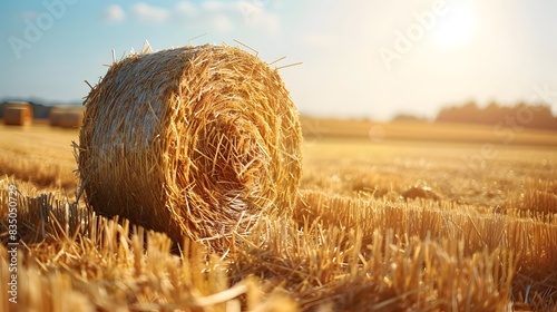 A large bale of hay is rolling across the field after harvest, surrounded by other round stacked hay rolls. It feels peaceful, calm and natural. photo