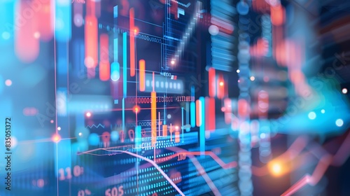 A vibrant digital representation of financial data with glowing charts and graphs, highlighting trends and market analysis in a futuristic setting.