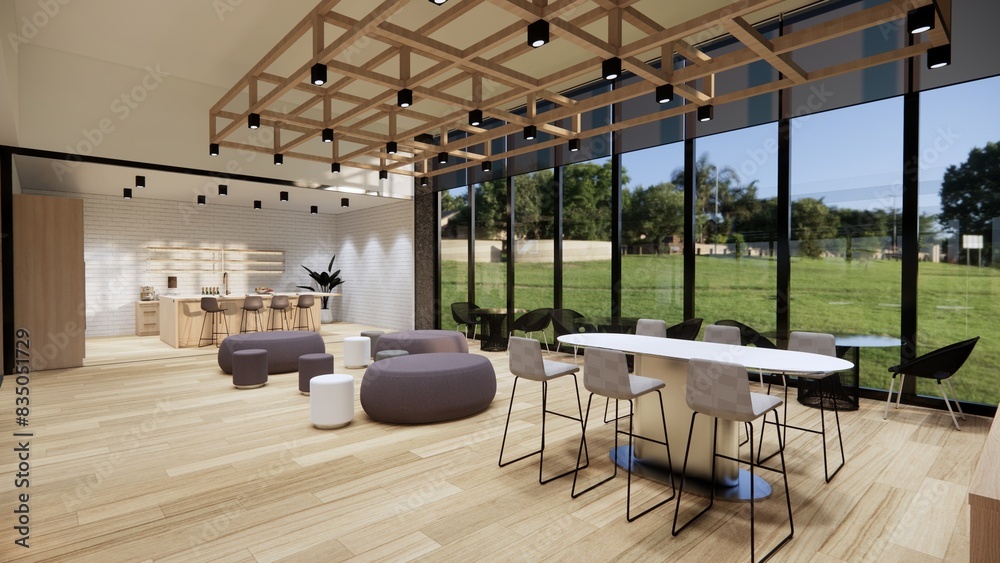Naklejka premium Interior Empty Modern Loft Office open space modern office.Modern open concept Lobby and reception area meeting room design.3d Rendering .