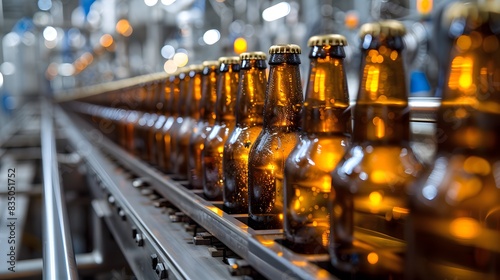 A line of beer bottles on the production line in an industrial production facility  representing commercial photography for packaging and branding purposes.