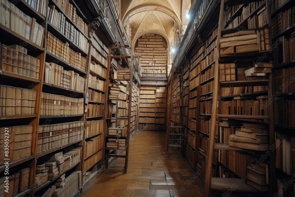 Historic, wood-paneled library hall, A large library filled with ancient books and tall shelves