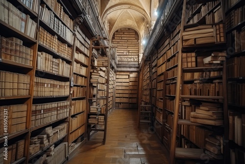 Historic  wood-paneled library hall  A large library filled with ancient books and tall shelves