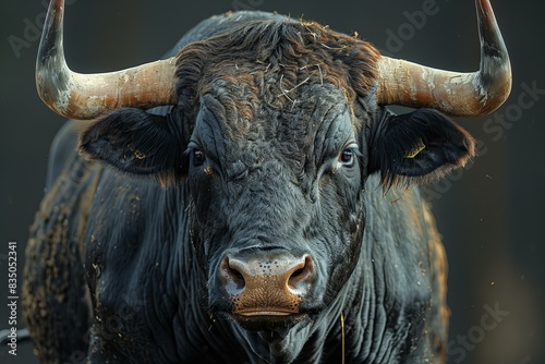 Digital image of  bull with large horns stares down at the camera photo