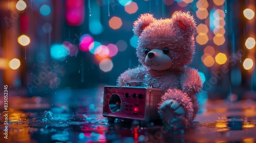 3D render of a cute pink teddy bear holding a radio, set against a dark background with blurred lights. A colorful, playful, and fun high-resolution image capturing the toy in a whimsical scene. photo
