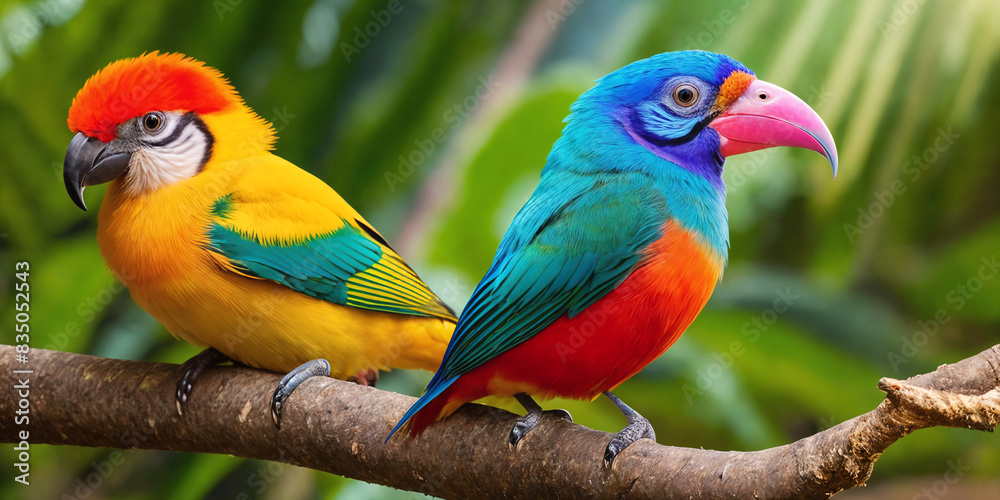 Two colorful tropical birds in jungle on a sunny day. Rainforest illustration with beautiful birdies among exotic plants with big leaves. Background with pristine nature landscape Two colorful tropical birds in jungle on a sunny day. Rainforest illustration with beautiful birdies among exotic plants with big leaves. Background with pristine nature landscape