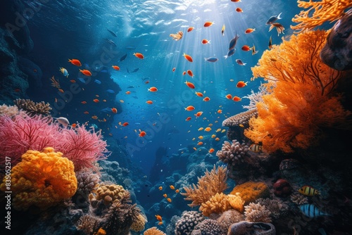 a coral reef with many different colored corals  A majestic scene of underwater marine life swimming around a beautiful coral reef