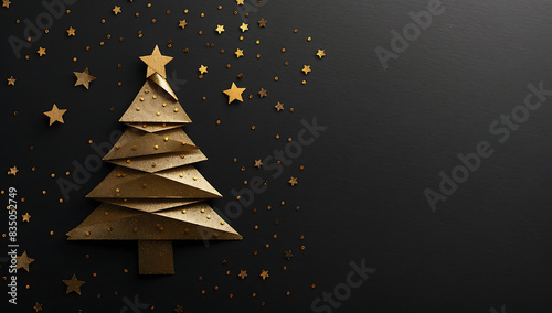 Elegant Golden Paper Christmas Tree - abstract christmas tree on a black background.  photo
