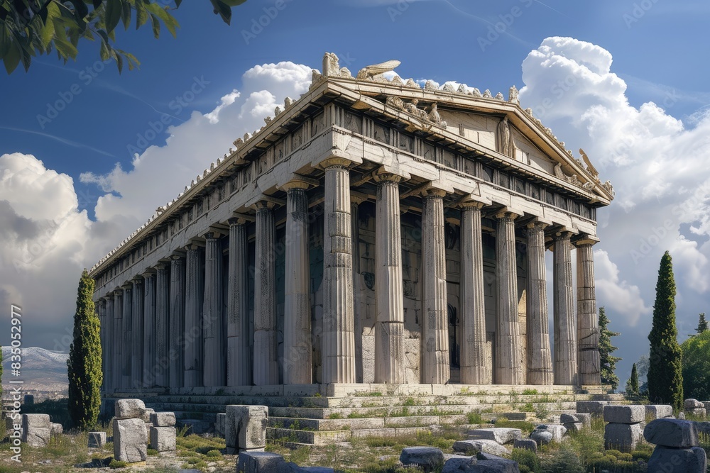 a very large building with statues on the steps, A massive Greek temple adorned with ornate statues and marble columns a very large building with statues on the steps, A massive Greek temple adorned with ornate statues and marble columns