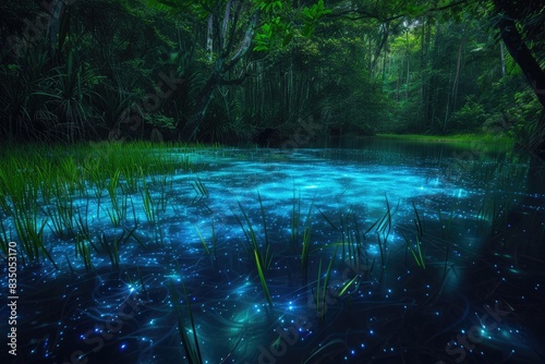 a stream in the middle of a forest with blue lights  A mesmerizing bioluminescent jungle at midnight