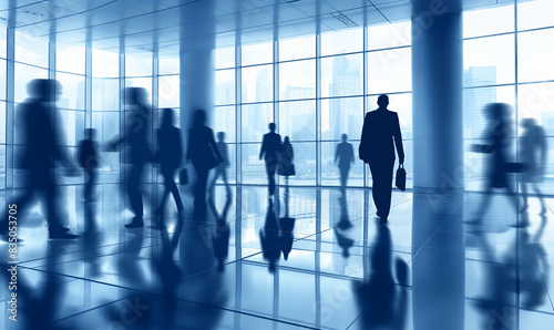Blurred silhouettes of business professionals walking through a modern office building with large windows and cityscape views, highlighting dynamic corporate environment