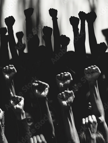 Black and white image of numerous raised fists in solidarity, representing a powerful protest, revolution, or riot photo