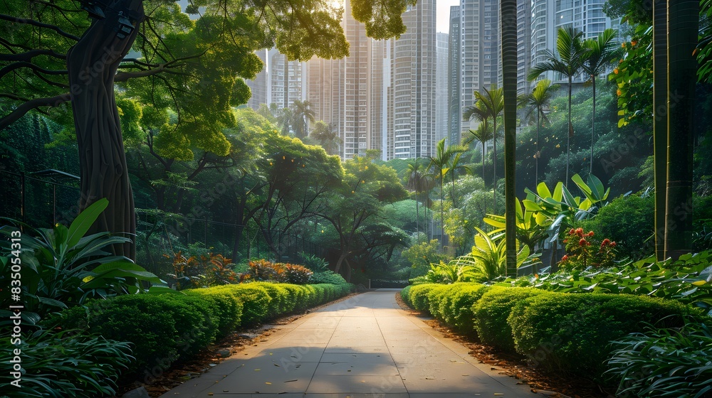 A photo of an urban park with green trees and lush vegetation, showcasing the beauty of nature in city life. captures the harmony between natural elements. A photo of an urban park with green trees and lush vegetation, showcasing the beauty of nature in city life. captures the harmony between natural elements.