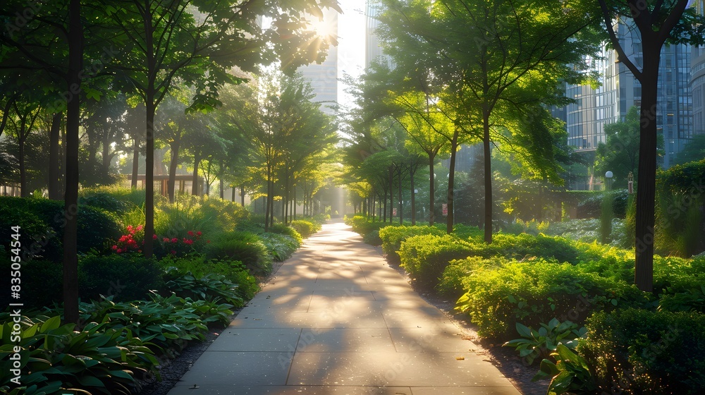 Obraz premium A photo of an urban park with green trees and lush vegetation, showcasing the beauty of nature in city life. captures the harmony between natural elements.