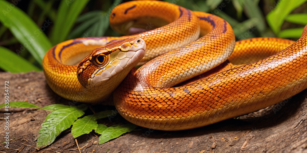 Tropical snake in jungle on a sunny day. Rainforest illustration with bright colored serpent among exotic plants with big leaves. Background with pristine nature landscape Tropical snake in jungle on a sunny day. Rainforest illustration with bright colored serpent among exotic plants with big leaves. Background with pristine nature landscape