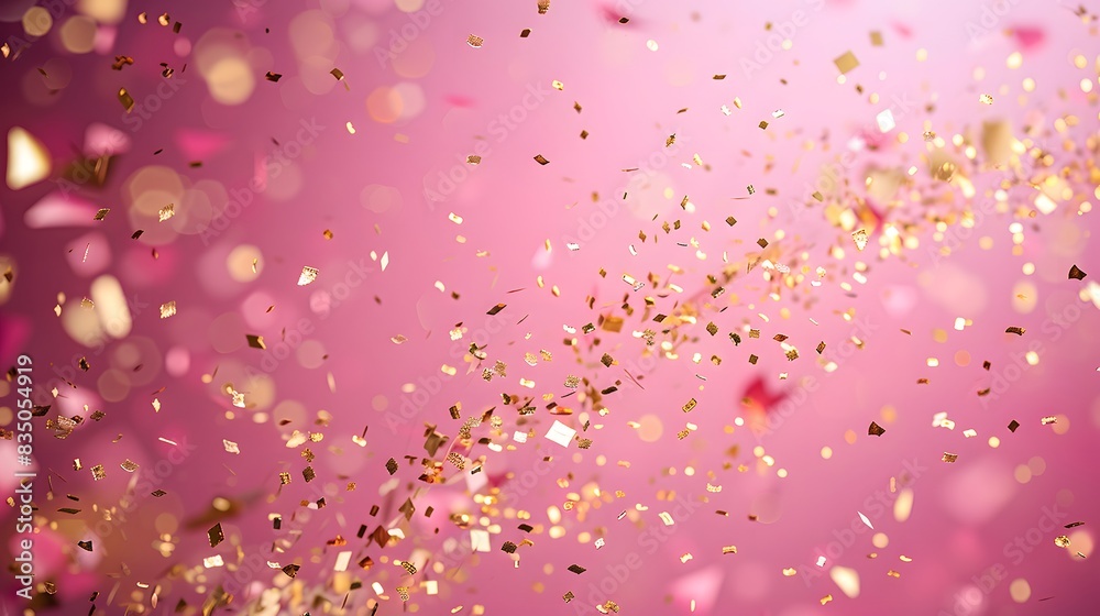 A pink background with golden confetti falling in the foreground, creating an elegant and festive atmosphere for special events or celebrations. A pink background with golden confetti falling in the foreground, creating an elegant and festive atmosphere for special events or celebrations.