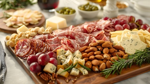 Elegant Charcuterie Board with Assorted Meats Cheeses Nuts and Fruits