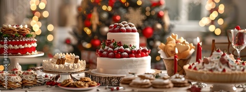 Festive Holiday Dessert Table with Cookies Pies and Beautifully Decorated Cake