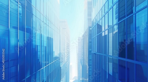 Modern cityscape with glass skyscrapers in blue tones.