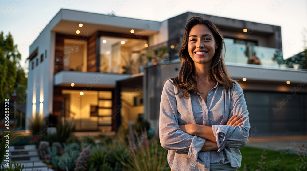 Une femme agent immobilier se tient fièrement devant une maison moderne Une femme agent immobilier se tient fièrement devant une maison moderne