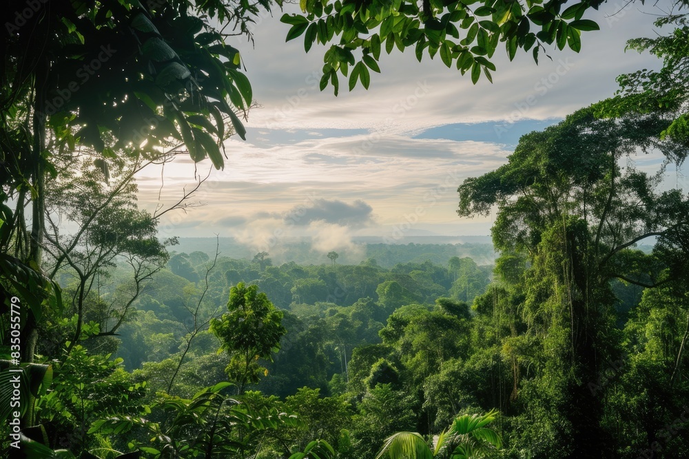 a view of a lush green forest from a distance, A panoramic view of an Amazon rainforest from treetop level
