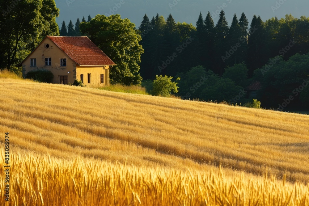a house in a field of wheat, A peaceful countryside farmhouse with fields of golden wheat a house in a field of wheat, A peaceful countryside farmhouse with fields of golden wheat