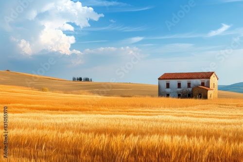 a house in a field of wheat  A peaceful countryside farmhouse with fields of golden wheat