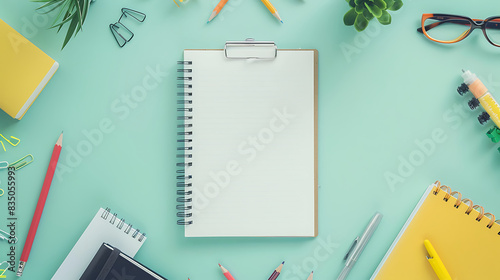 A clean and minimalistic workspace featuring a blank spiral notebook ready for writing. 