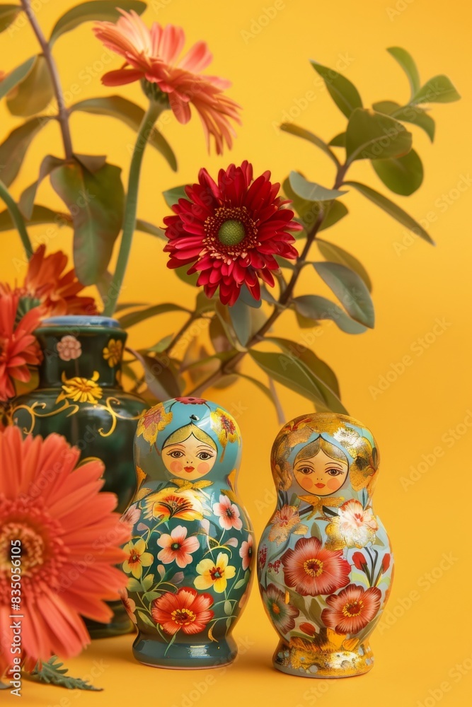 Obraz premium Modern Abstract Vinyl Wooden Matryoshka Dolls With Copy Space