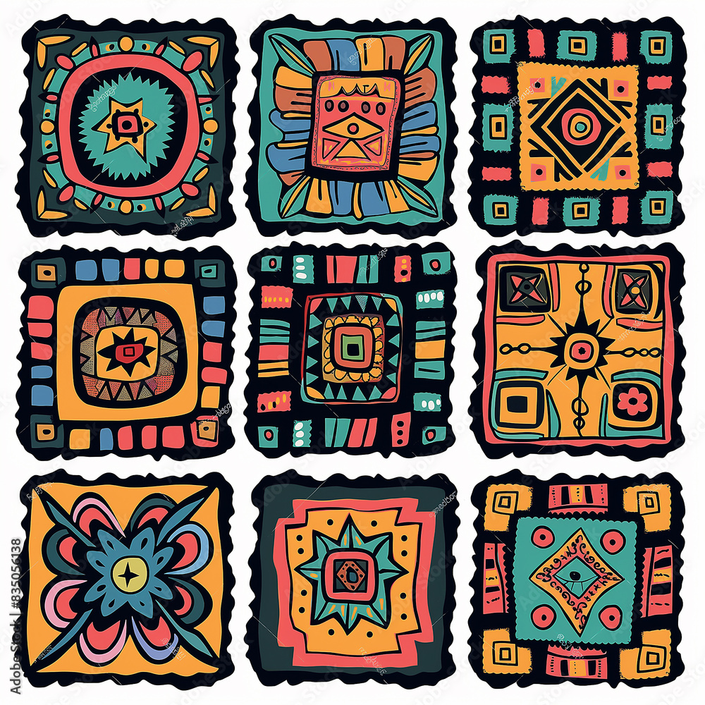 the style of Aztec carpet design vector illustration set. Doodle geometric shapes with bold lines and colors for cultural background decoration the style of Aztec carpet design vector illustration set. Doodle geometric shapes with bold lines and colors for cultural background decoration