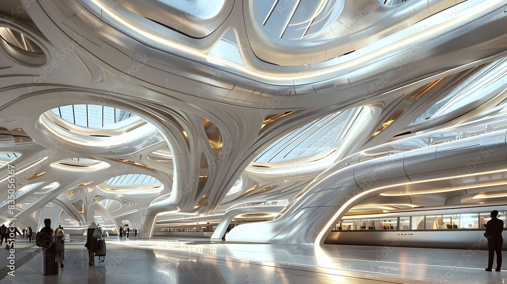Fototapeta premium Futuristic Transportation Hub with Expansive Architectural Design and Flowing Interiors