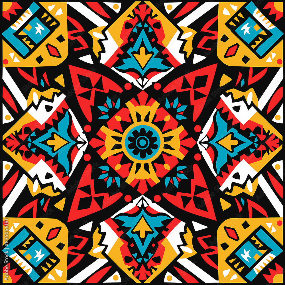 A vibrant, colorful tribal pattern with geometric shapes and intricate patterns in the style of African art. The design includes bold colors like reds, blues, yellows and greens A vibrant, colorful tribal pattern with geometric shapes and intricate patterns in the style of African art. The design includes bold colors like reds, blues, yellows and greens