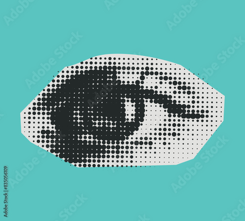 Halftone eye collage element, texture dotted pop art. Vector cutuot illustration. Sticker vintage comic trendy abstract element