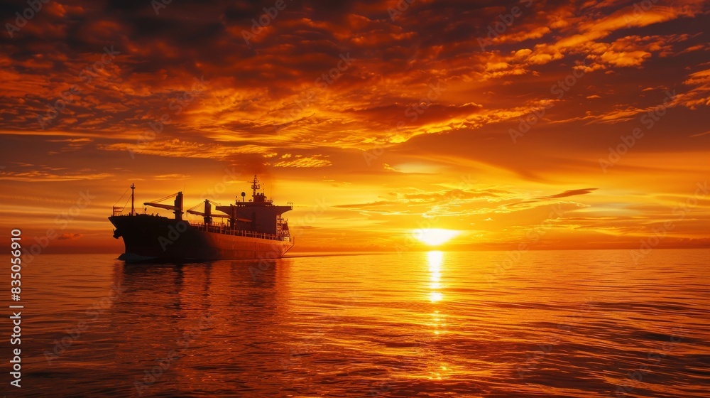 A large ship is sailing in the ocean at sunset