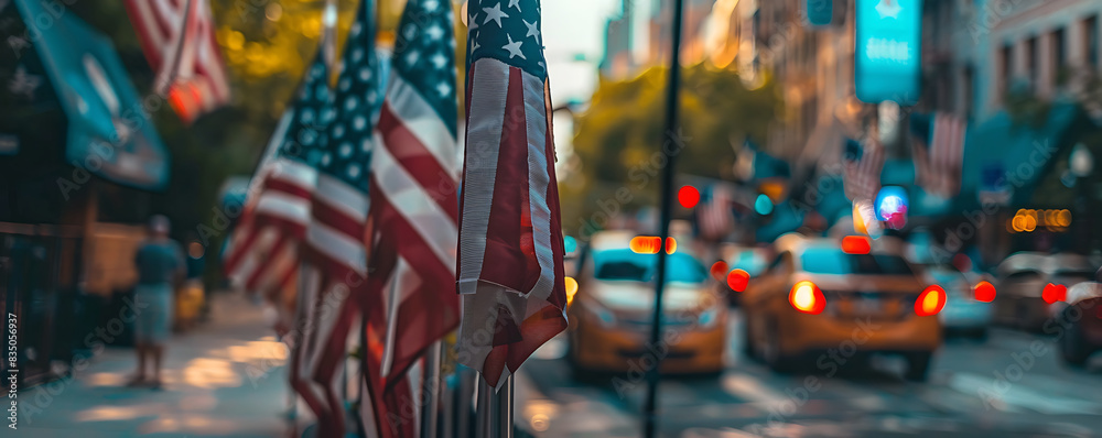 A vibrant city street with numerous American flags patriotic atmosphere for national pride A vibrant city street with numerous American flags patriotic atmosphere for national pride