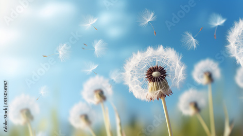 Beautiful puffy dandelion and flying seeds against blue sky on sunny day.