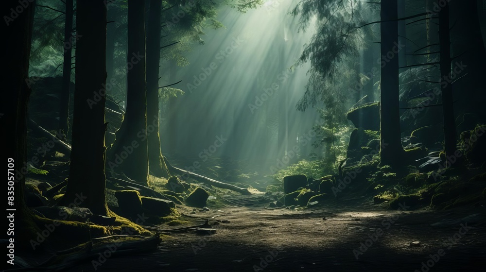 Fototapeta premium Enchanting forest landscape with dense trees, mystical fog