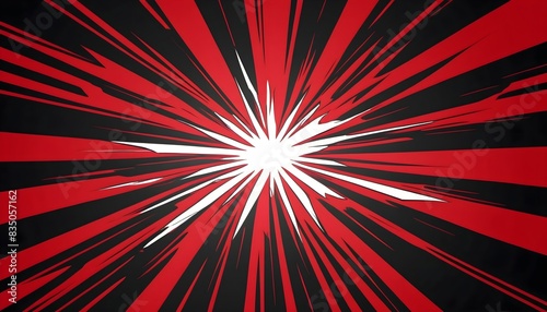 Red rays on a black background withwhite center. Red sunburst background on black background, cartoon style