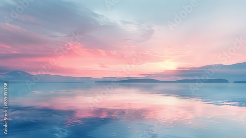 An artistic depiction of serene weather by a lakeside at dusk. The calm water and the soft pastel colors of the sky create a minimalist scene that conveys tranquility and relaxation, perfect for a