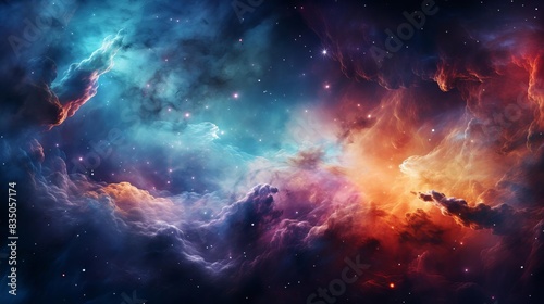 Vibrant cosmic nebula with swirling colors, deep space background © rookielion