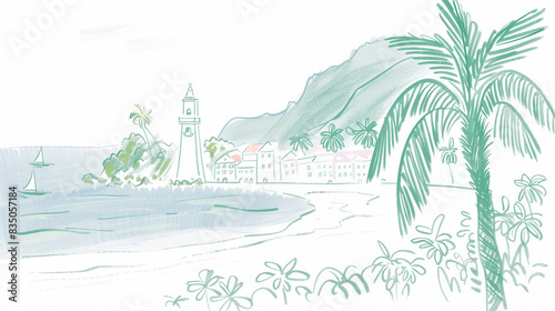 Hand-drawn scenic illustration of an Azorean coastal village with a lighthouse, palm trees, and sailboats, set against a mountainous backdrop. © PhotoGranary