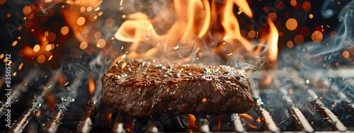 Mouthwatering Seared Steak Sizzling Over Flames on Grill photo