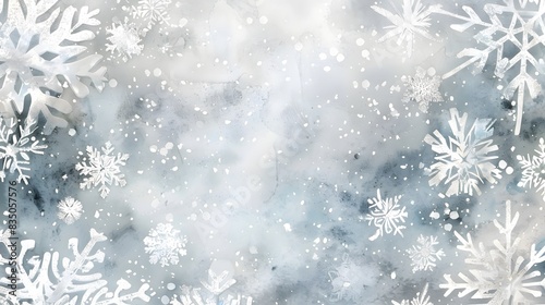 A soft grey background with delicate snowflakes falling  creating an atmosphere of serene winter magic for holiday cards or design projects.